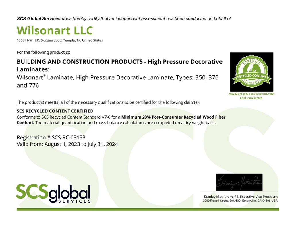 Wilsonart Recycled Content certificate